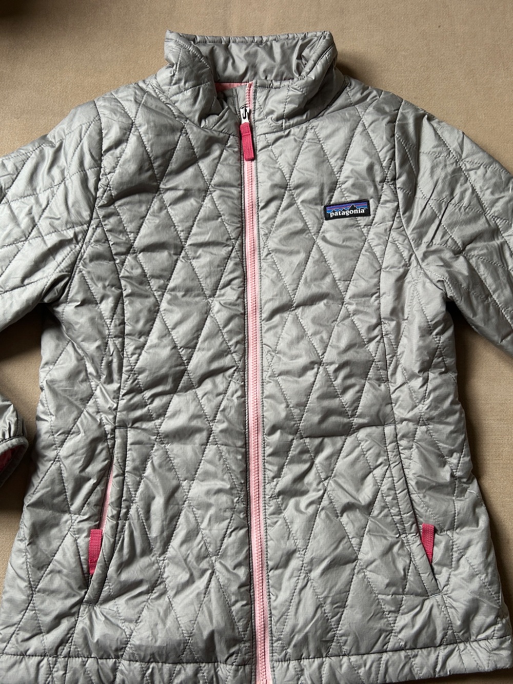 Patagonia Kids Light Gray Quilted Jacket with Pink Trim